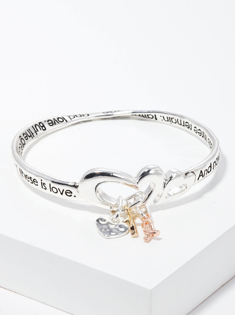 Corinthians 1313 message engraved twist metal cross heart dangle bangle bracelet