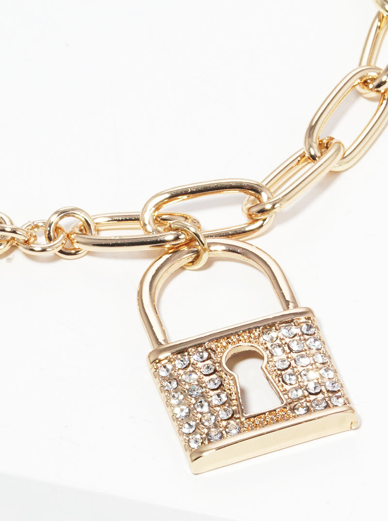 Heart lock metal crystal pave toggle bracelet